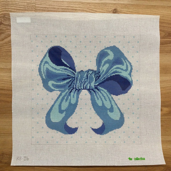 Blue Bow with Flowers Handpainted 18 Mesh Needlepoint Canvas with