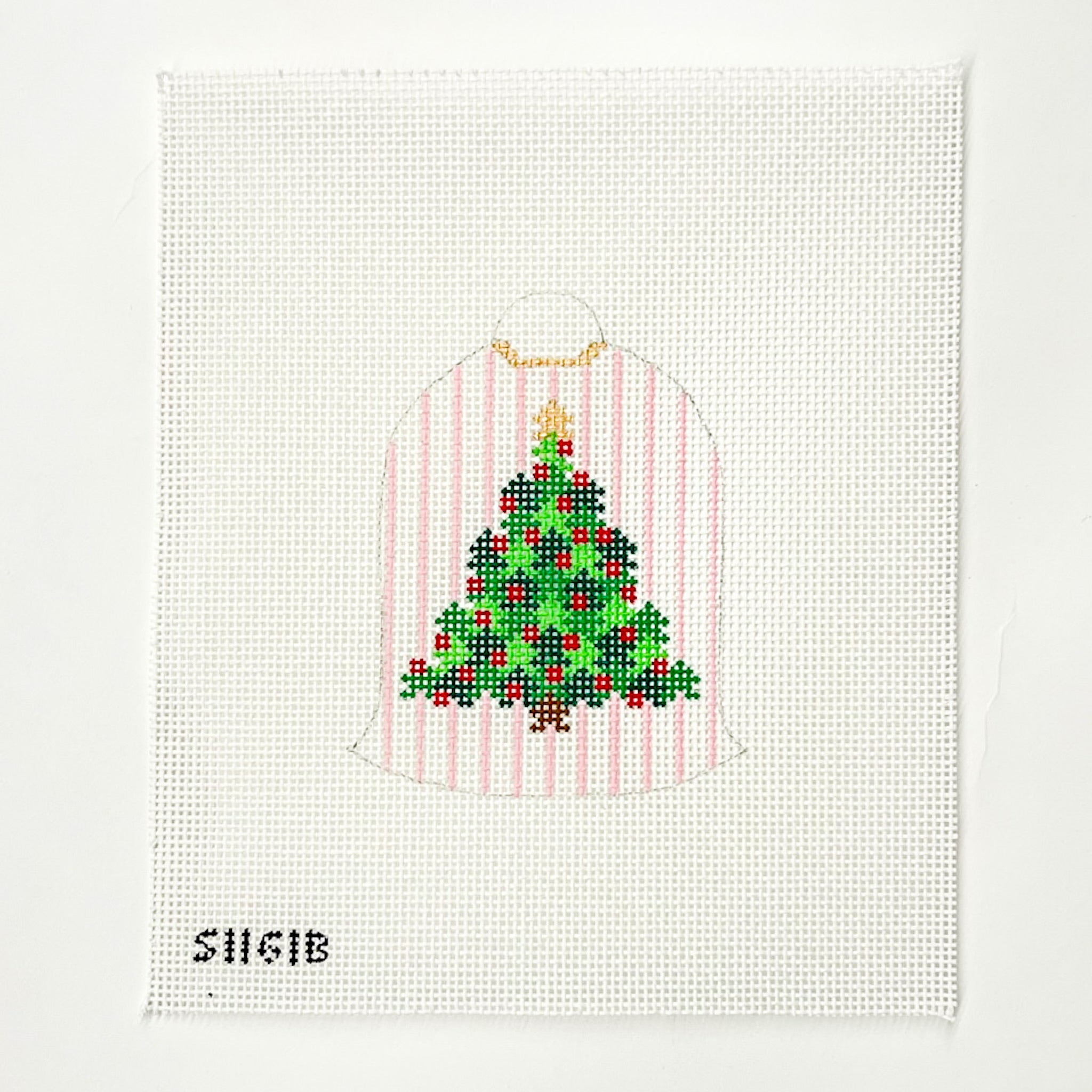 Christmas Tree on Pink Stripes Bell Needlepoint Canvas - KC Needlepoint