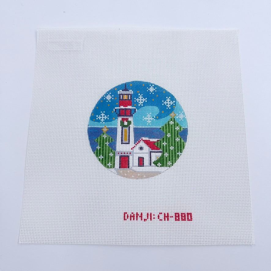 White Lighthouse with Red Roof Round Canvas