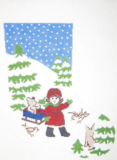 Girl with Sled Stocking Canvas - KC Needlepoint