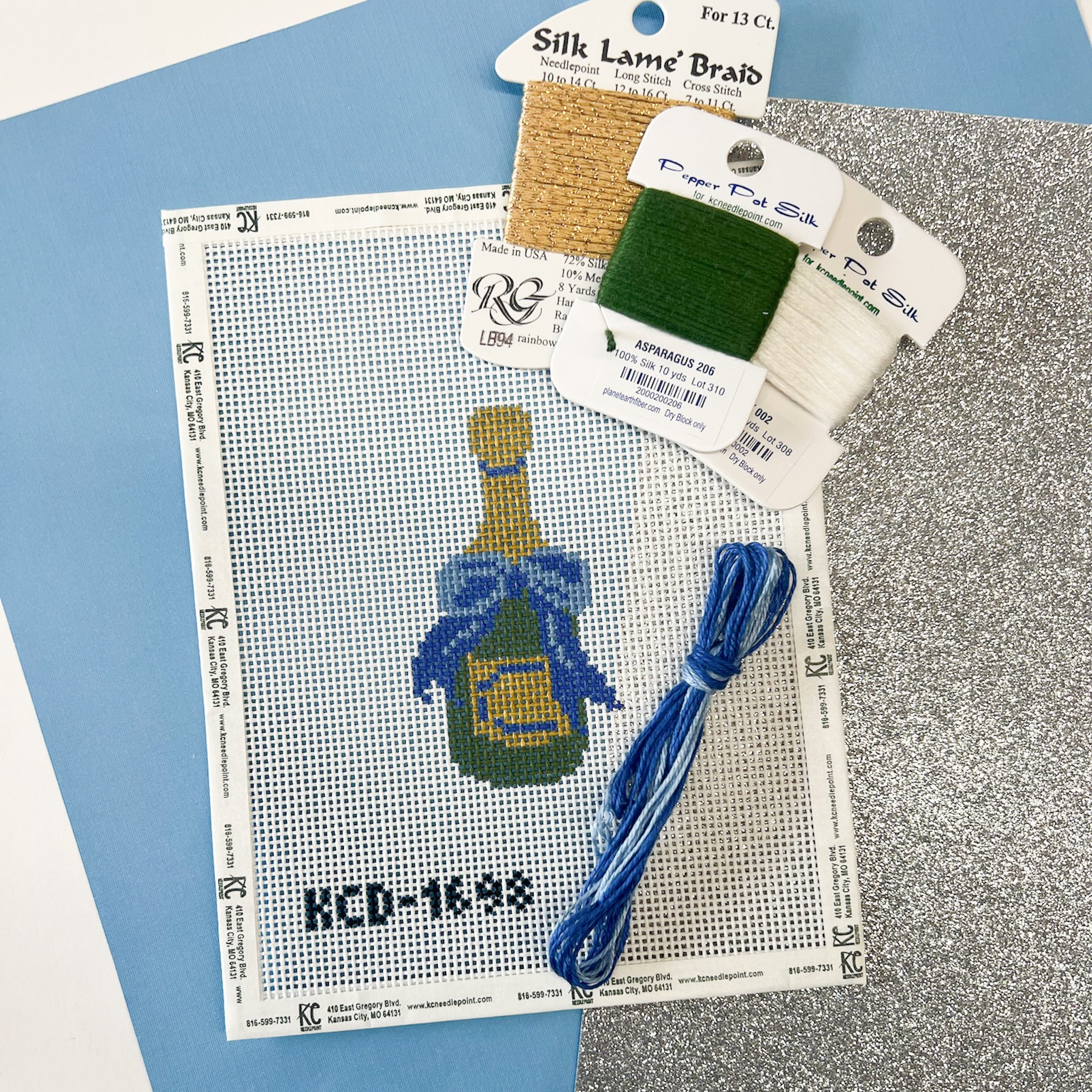 Blue Champagne Bottle Kit - KC Needlepoint