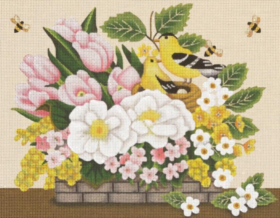 Mini Yellow Birds Basket Canvas - KC Needlepoint