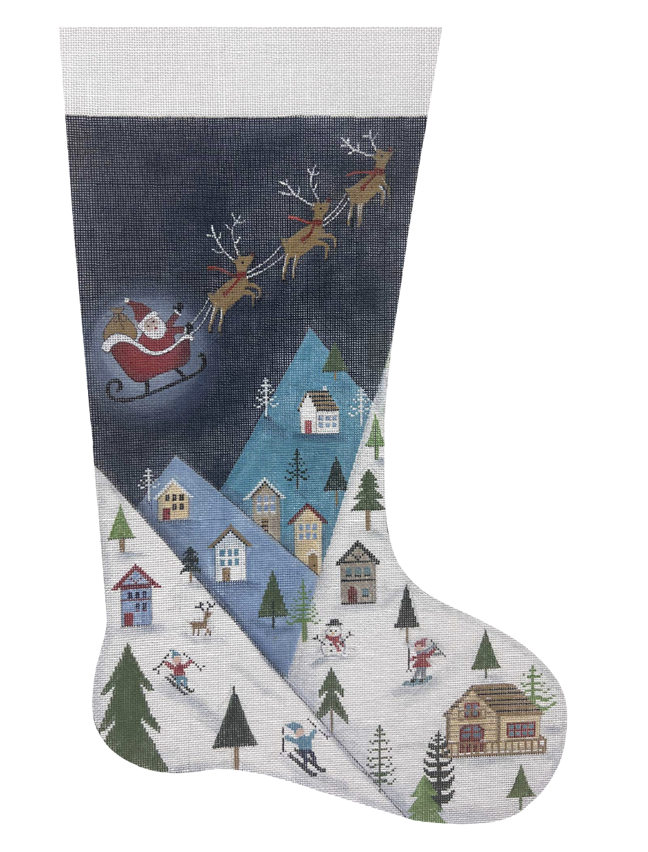 Ski Mountain Christmas Eve Stocking Canvas - KC Needlepoint