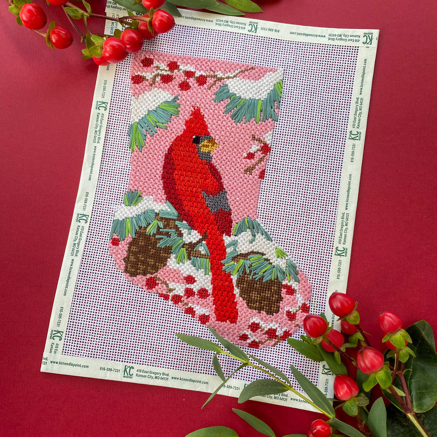 Cardinal Stocking hand-painted needlepoint stitching canvas