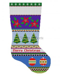 Bold Stripe Poinsettias and Ornaments Stocking Canvas - KC Needlepoint