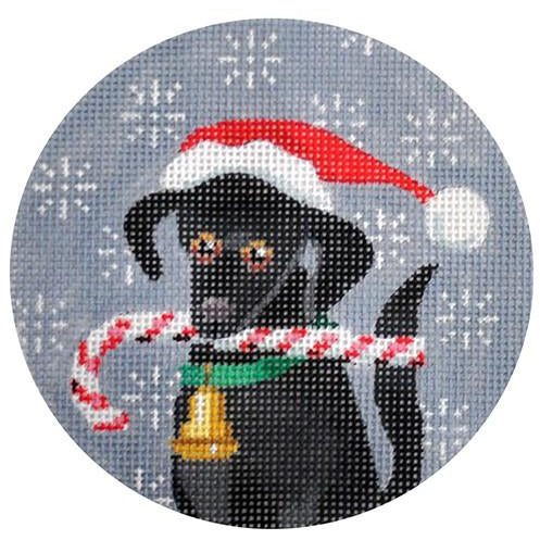 Black Lab Candy Cane Round Canvas - KC Needlepoint