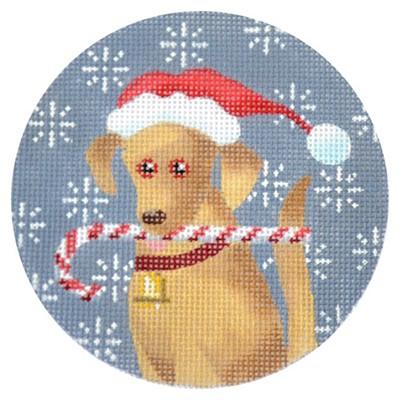 Golden Labrador Candy Cane Round Canvas - KC Needlepoint