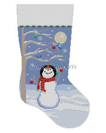 Moonlit Snowman Bird Tree Stocking Canvas - needlepoint