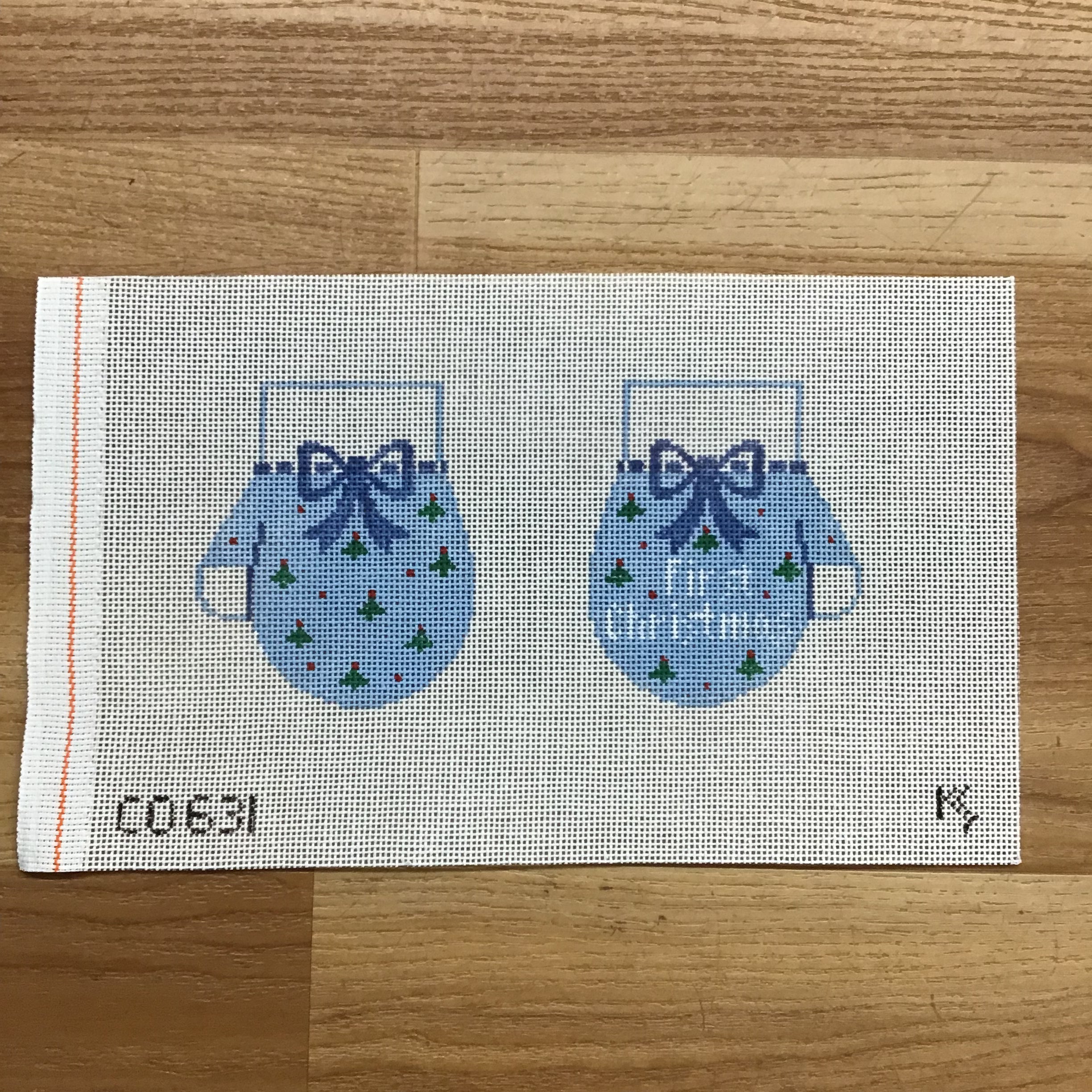 Baby's First Christmas Mittens Blue Canvas - KC Needlepoint