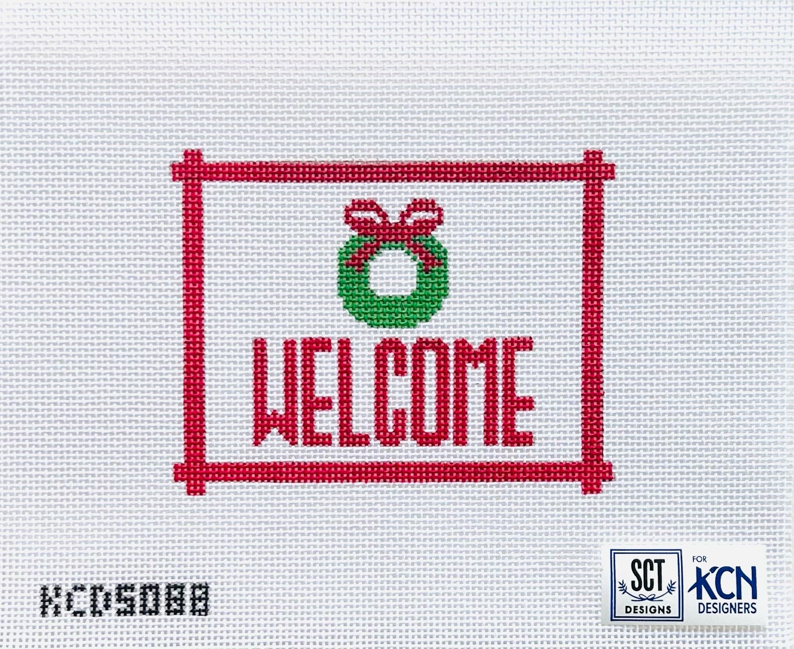 Welcome Sign Red with Wreath Canvas - KC Needlepoint