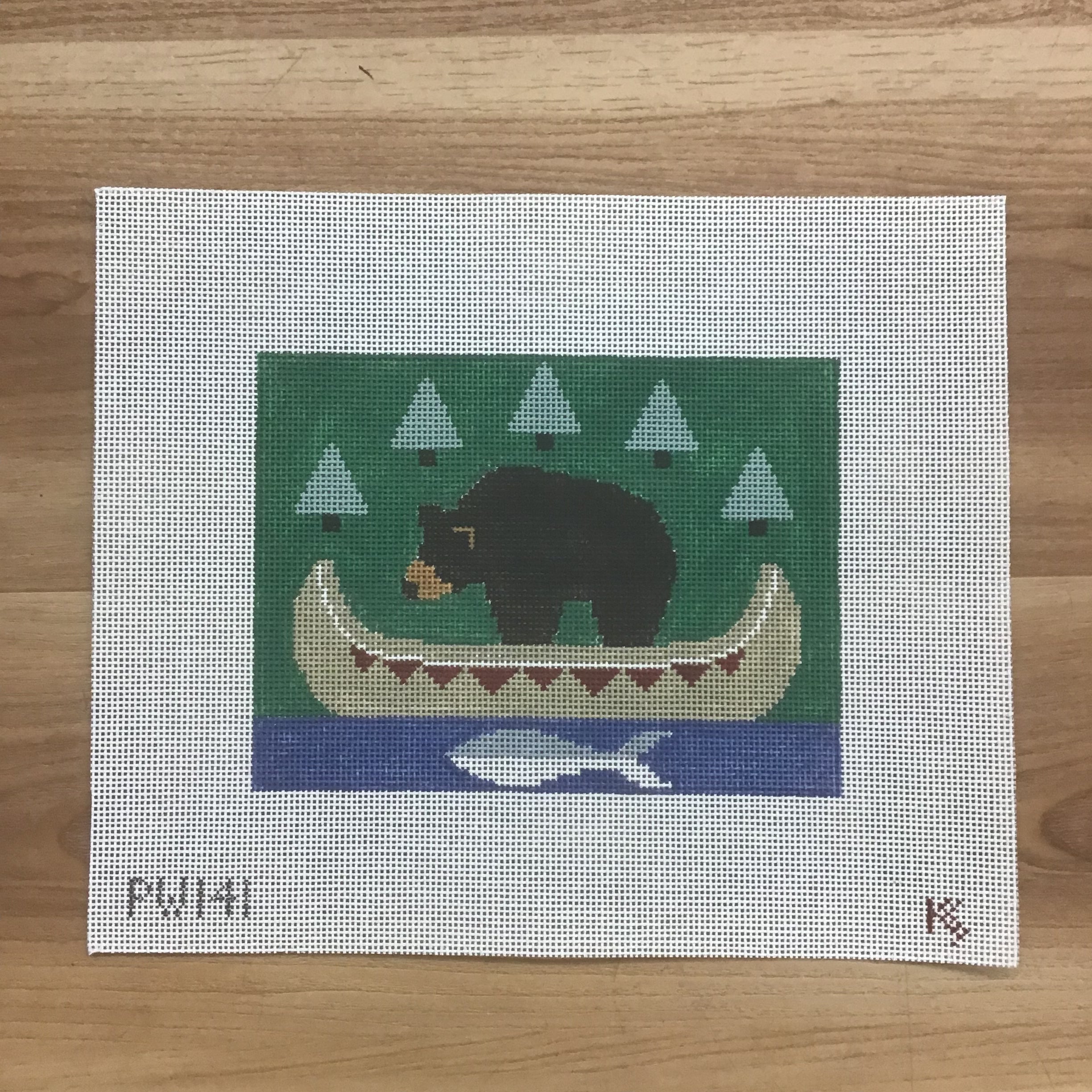 Bear with Indian Canoe Pillow Canvas - KC Needlepoint