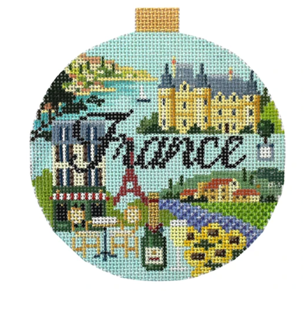 France Travel Round Needlepoint Canvas - KC Needlepoint