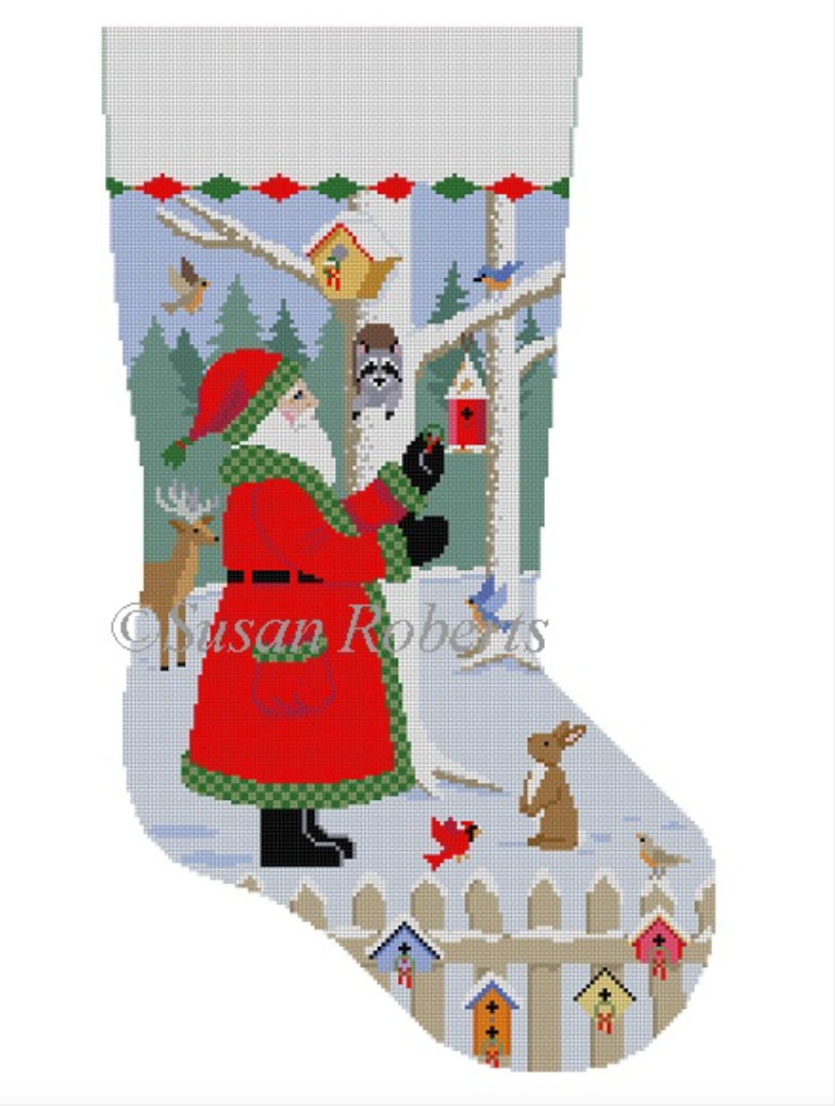 Santa with Bird Wreath Stocking Canvas - KC Needlepoint