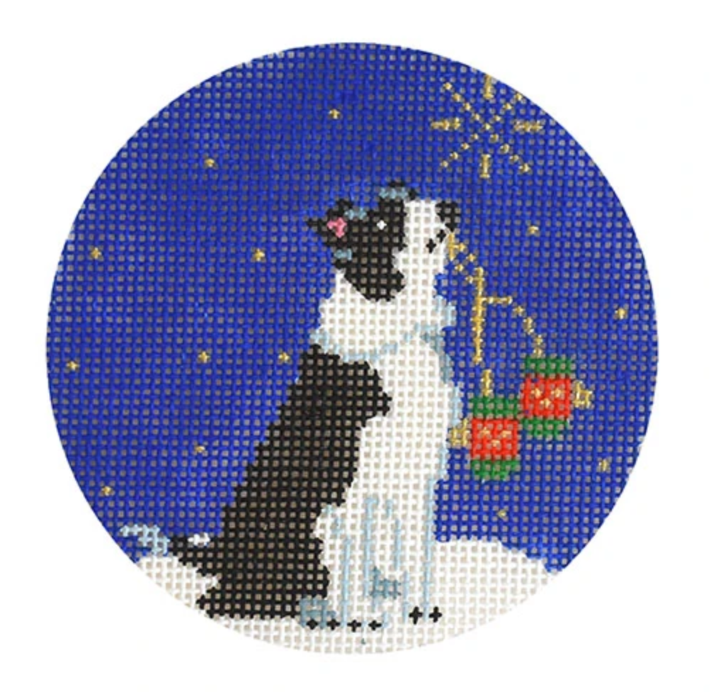 Midnight Border Collie Round Needlepoint Canvas - KC Needlepoint