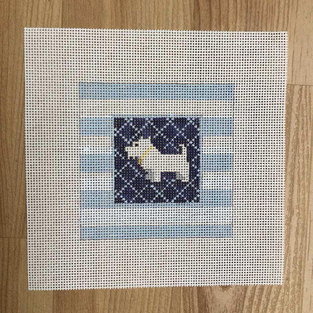 White Westie Striped Square - KC Needlepoint