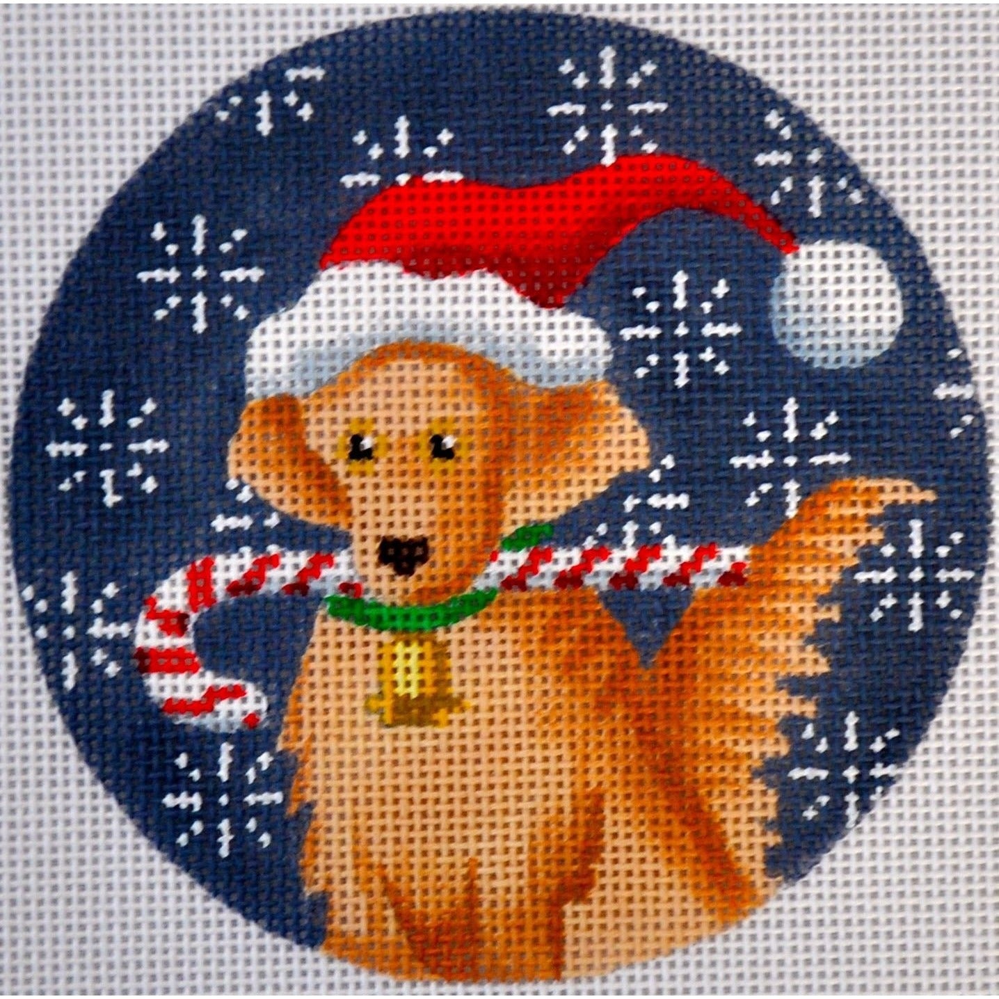 Golden Retriever Candy Cane Round Canvas - KC Needlepoint