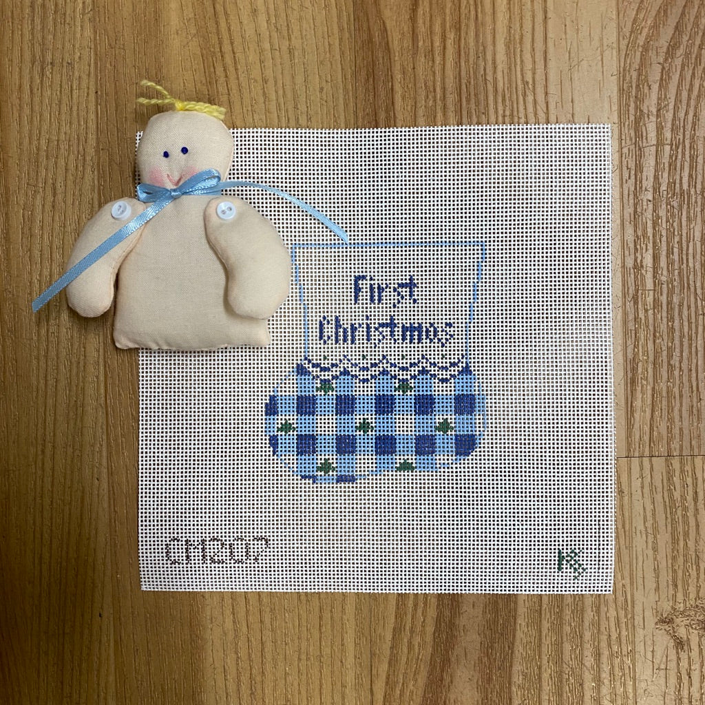 Gingham Mini Sock Canvas with Boy Baby - needlepoint